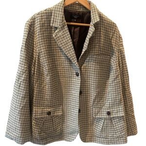Talbots Womens Green Houndstooth Lined blazer Size 22 Wool Blend Deco Button EUC
